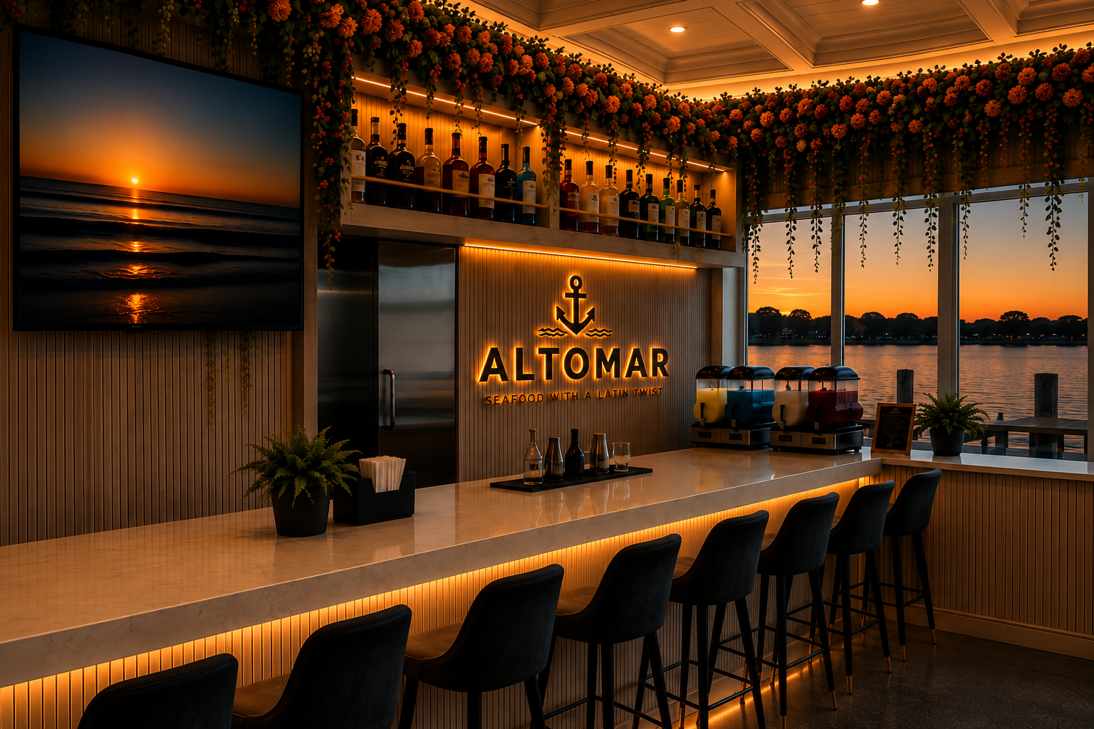 ALTOMAR interior dining room with marina views